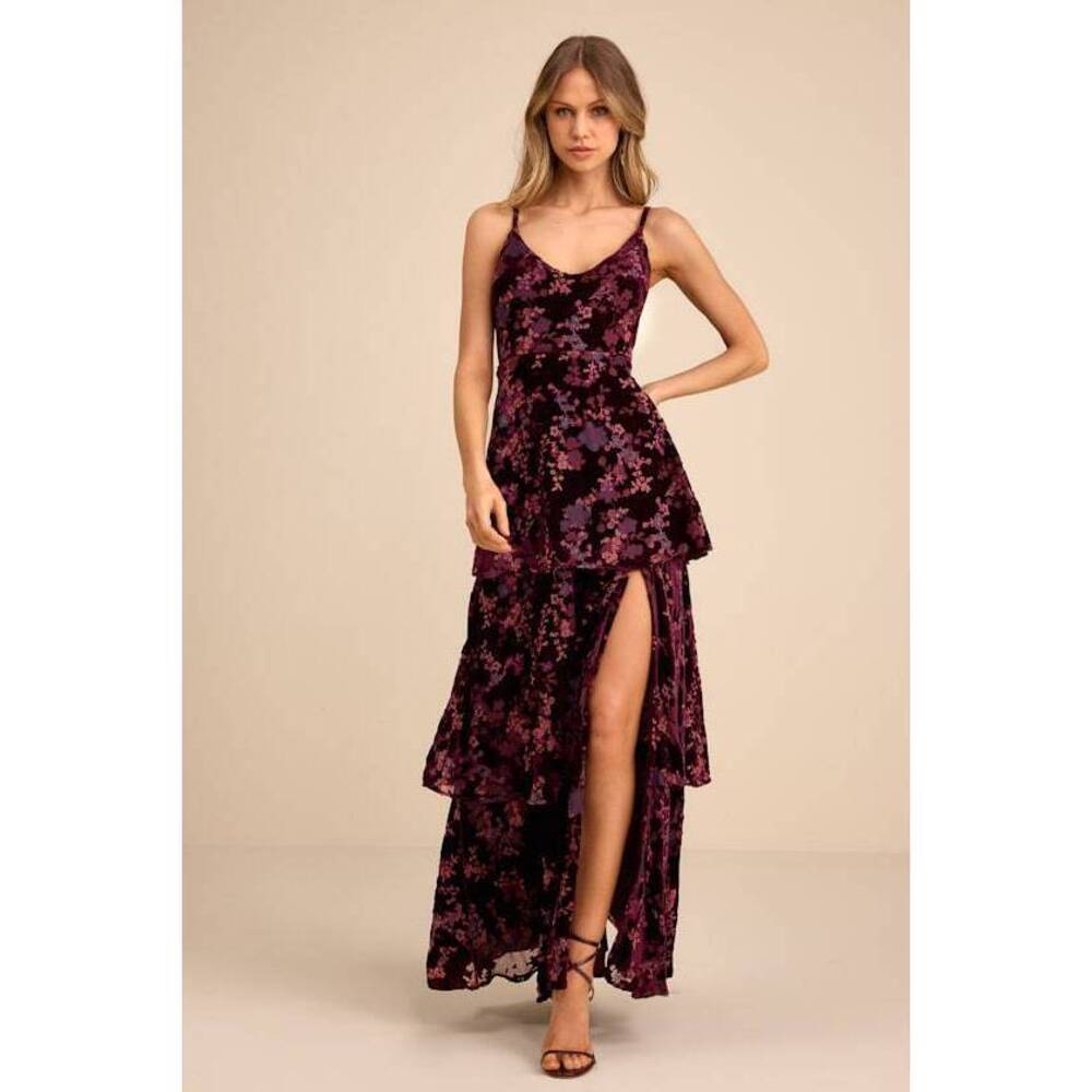 Lulus I Love You Amore Plum Purple Floral Velvet Tiered Maxi Dress - Size M - Picture 1 of 5